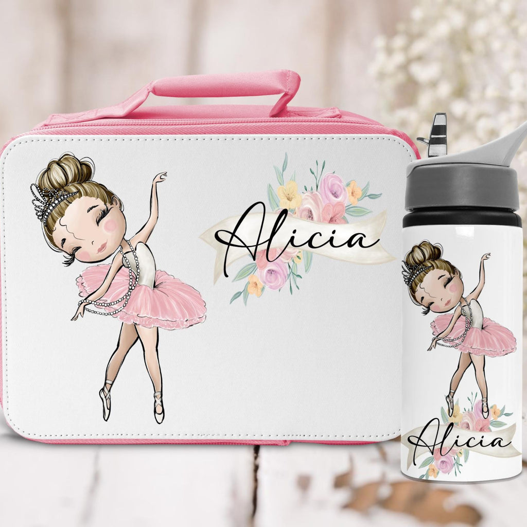 Lunch box and water bottle set with ballerina design and 'Alicia' text on a light background.