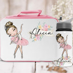 Lunch box and water bottle set with ballerina design and 'Alicia' text on a light background.