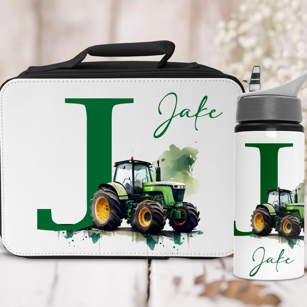 Lunch bag and water bottle set with a tractor design and 'Jafe' text on a white background.