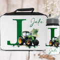 Lunch bag and water bottle set with a tractor design and 'Jafe' text on a white background.