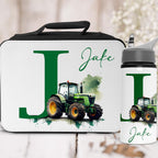 Lunch bag and water bottle set with a tractor design and 'Jafe' text on a white background.