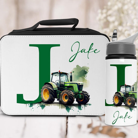 Lunch bag and water bottle set with a tractor design and 'Jafe' text on a white background.