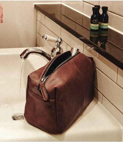 Personalised brown leather wash bag, Present for Dad, Men's washbag, faux leather, Father's Day gift