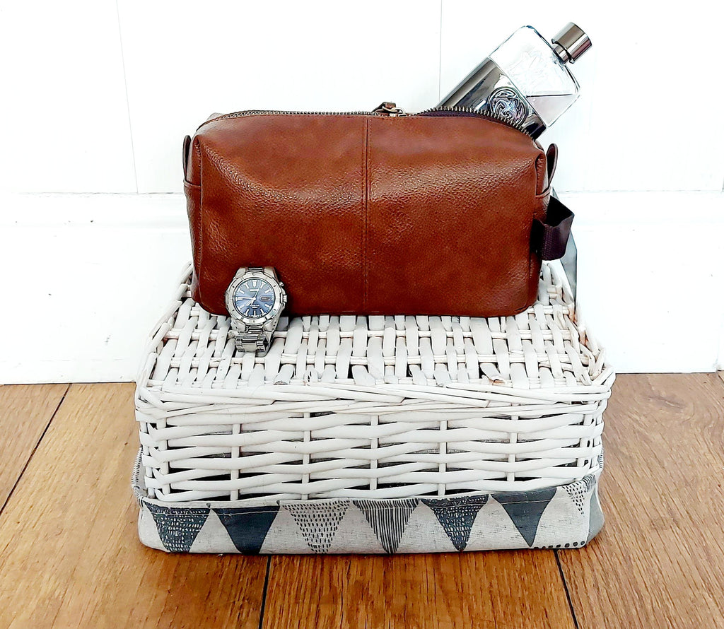 Personalised brown faux leather wash bag