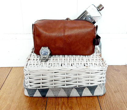 Personalised brown leather wash bag, Present for Dad, Men's washbag, faux leather, Father's Day gift
