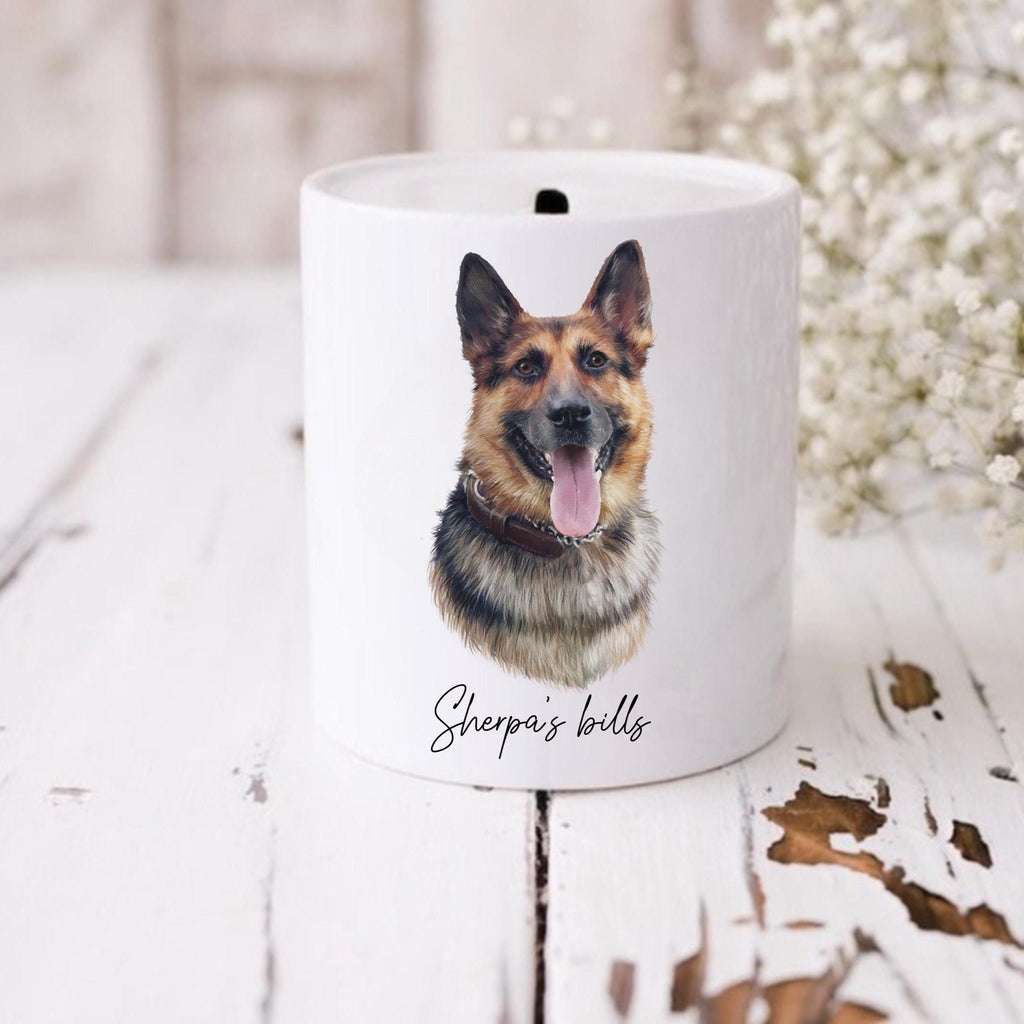 Personalised German Shepherd Money Box: Ceramic Coin Bank, Savings Jar