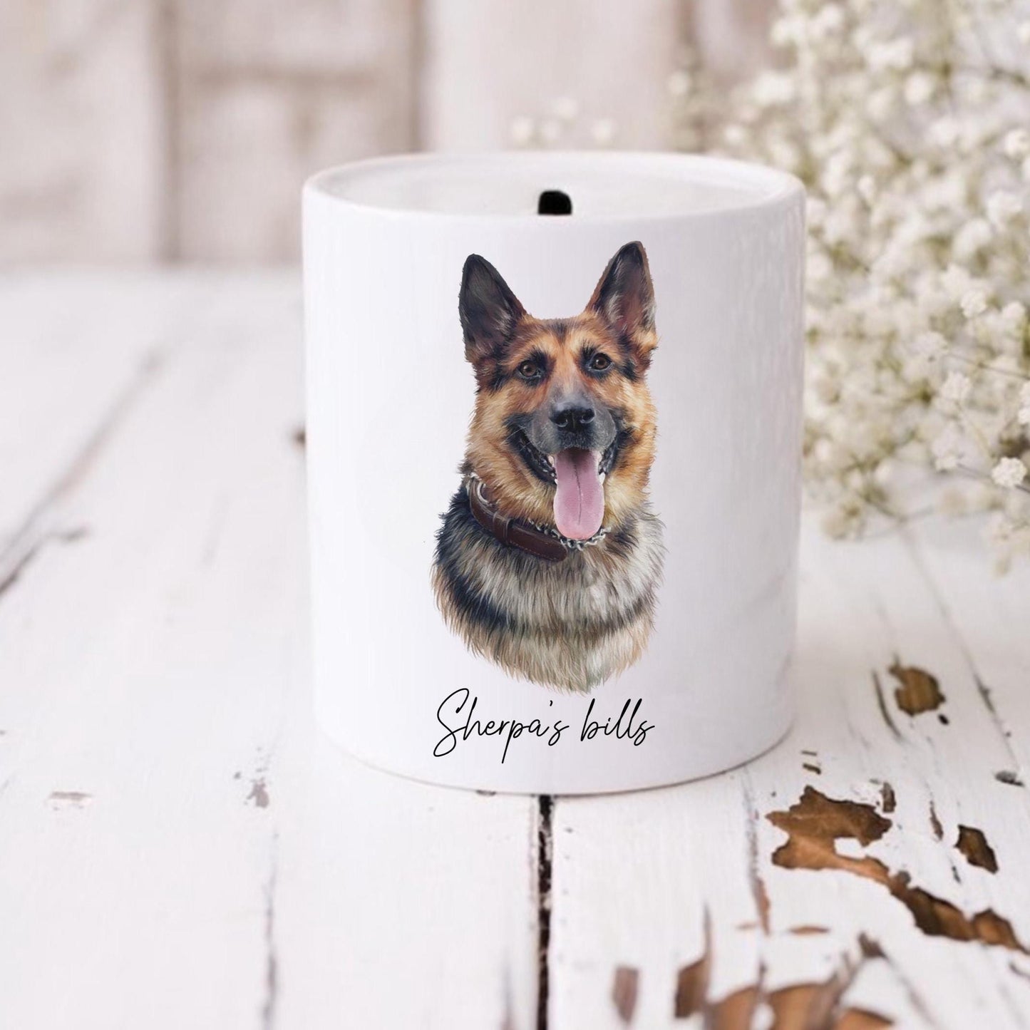 Personalised German Shepherd Money Box: Ceramic Coin Bank, Savings Jar