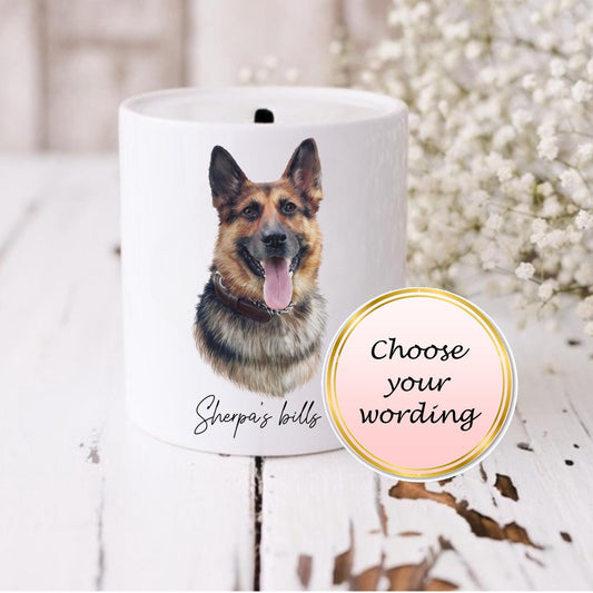 Personalised German Shepherd Money Box: Ceramic Coin Bank, Savings Jar