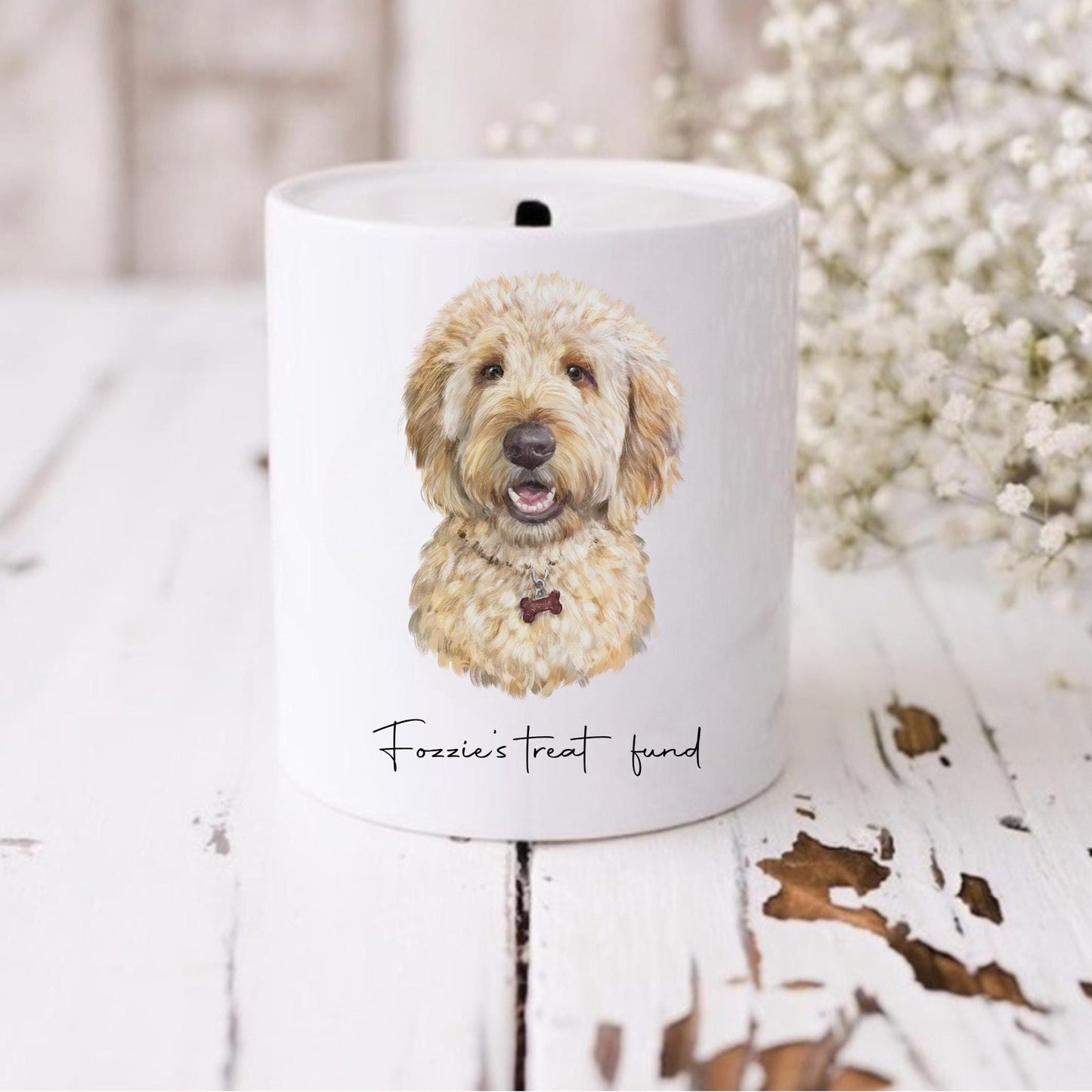 Personalised Goldendoodle/Cockapoo Money Box, Personalised Dog Coin Bank, Custom Dog Gift, Pet Savings Jar, Ceramic Piggy Bank