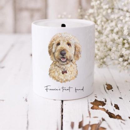 Personalised Goldendoodle/Cockapoo Money Box, Personalised Dog Coin Bank, Custom Dog Gift, Pet Savings Jar, Ceramic Piggy Bank