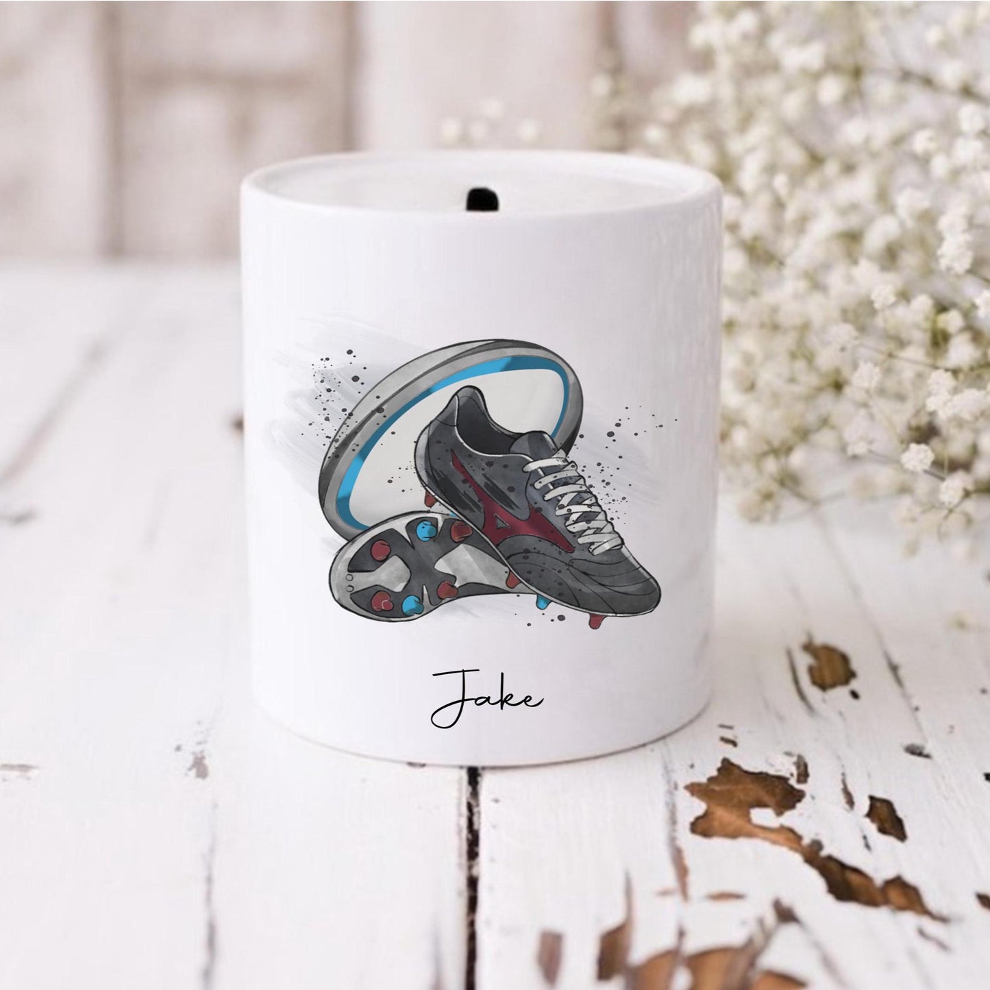 Personalised Rugby Money Box: Ceramic Savings Pot, Gift for rugby player - choice of boot colours