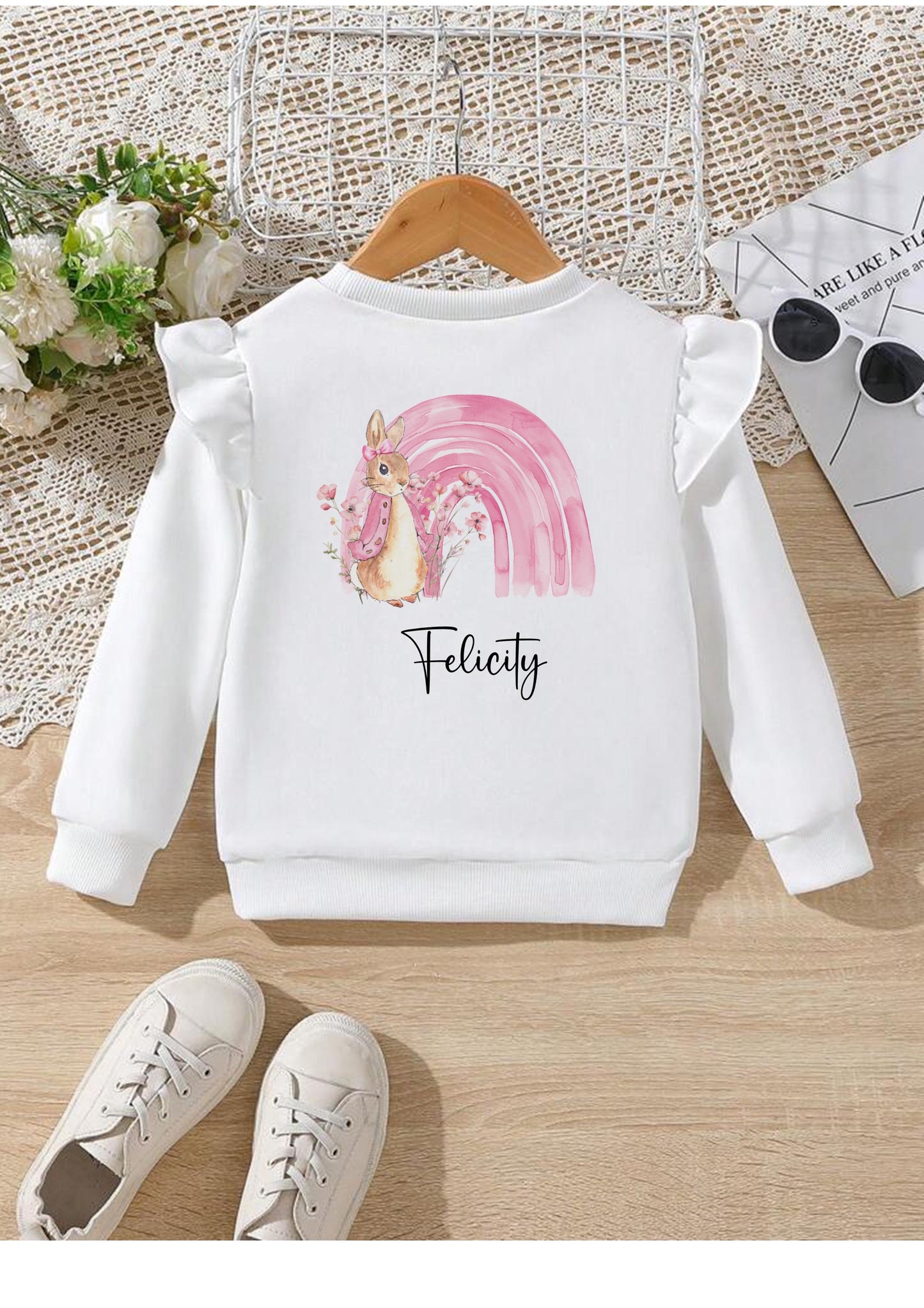 Personalised Girls Sweatshirt – Custom Name & Initial with Bunny Design