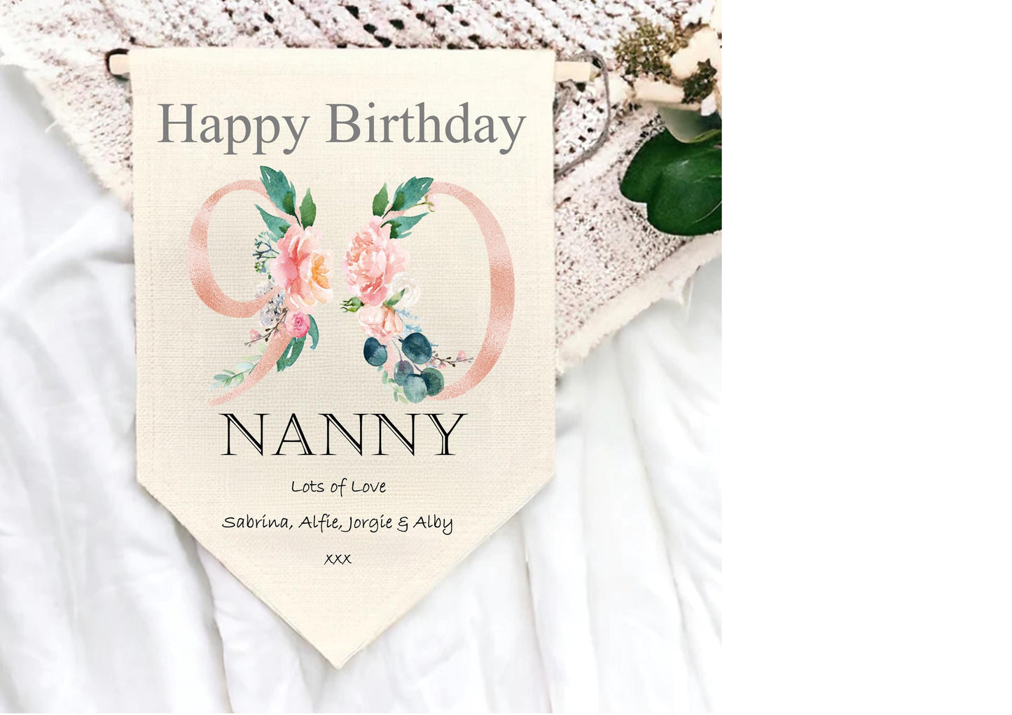 Personalised ladies' 90th birthday pennant flag, 90th birthday decor, 90th birthday gift for her