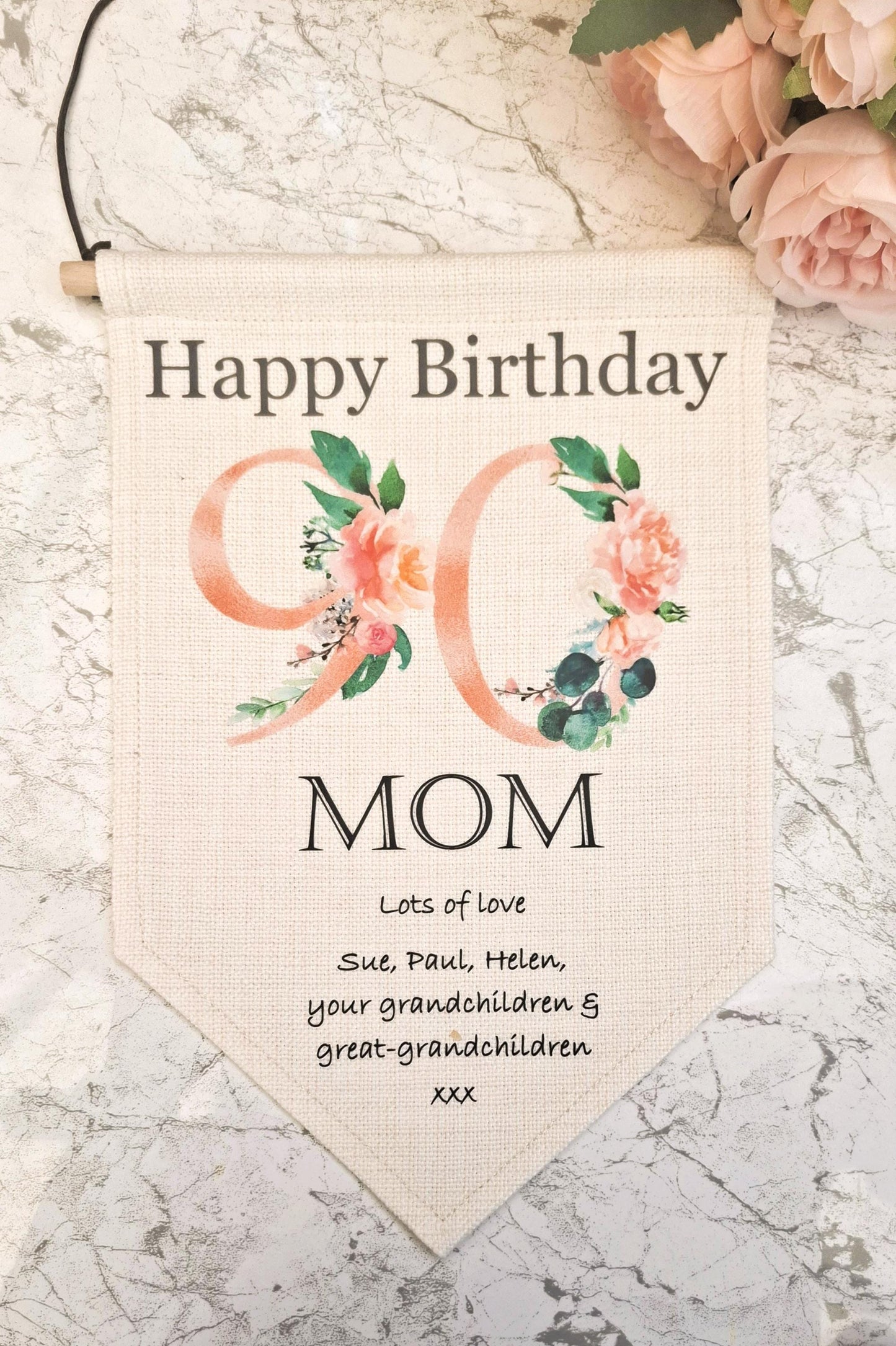 Personalised ladies' 90th birthday pennant flag, 90th birthday decor, 90th birthday gift for her