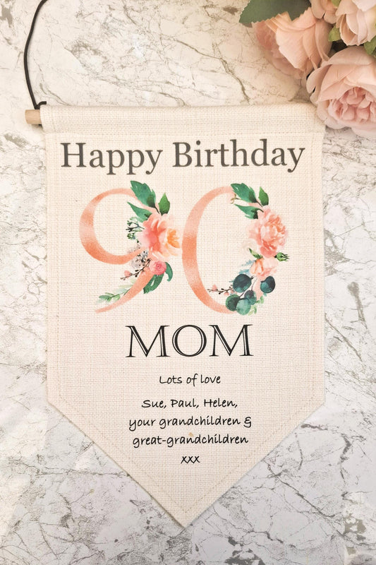 Personalised ladies' 90th birthday pennant flag, 90th birthday decor, 90th birthday gift for her