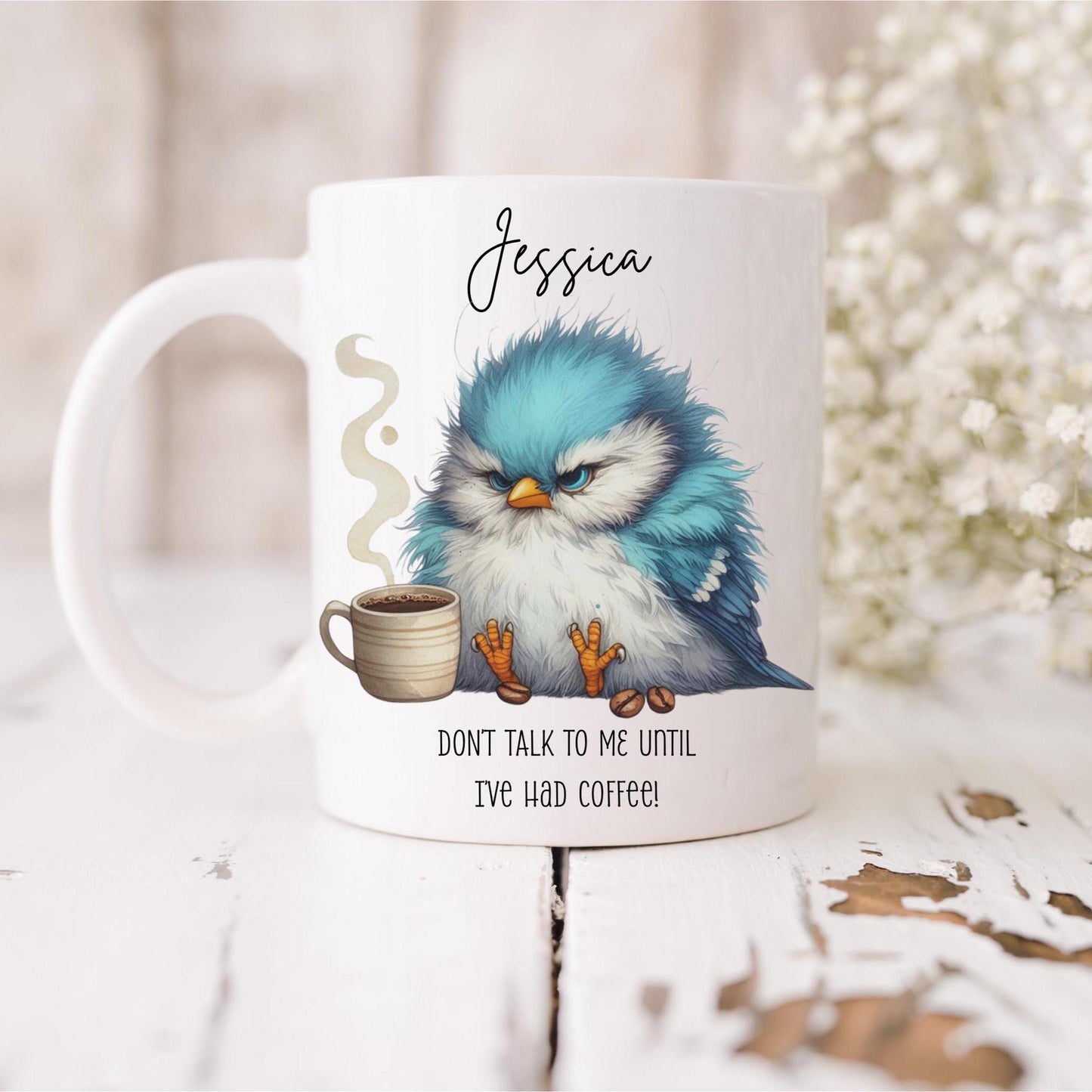 Personalised Cute Bird Mug with Coffee, Watercolour Animal Cup, Funny Bird Lover Gift, Needs Coffee Mug