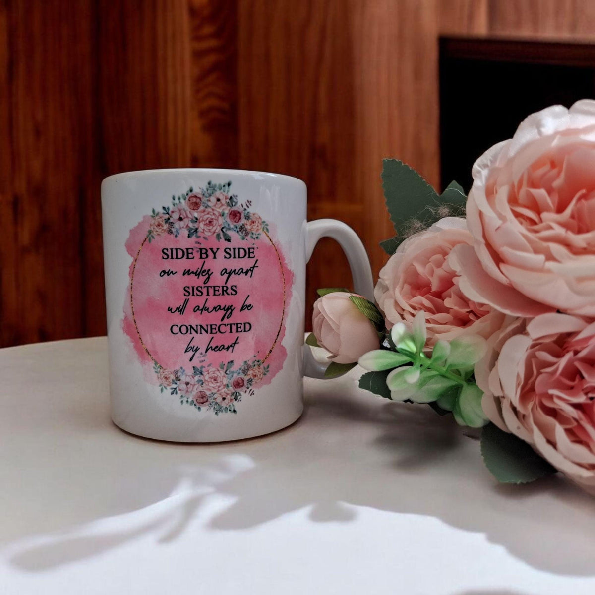 Personalised Sisters are connected by HeartMug & Coaster Set: Sentimental Keepsake Gift