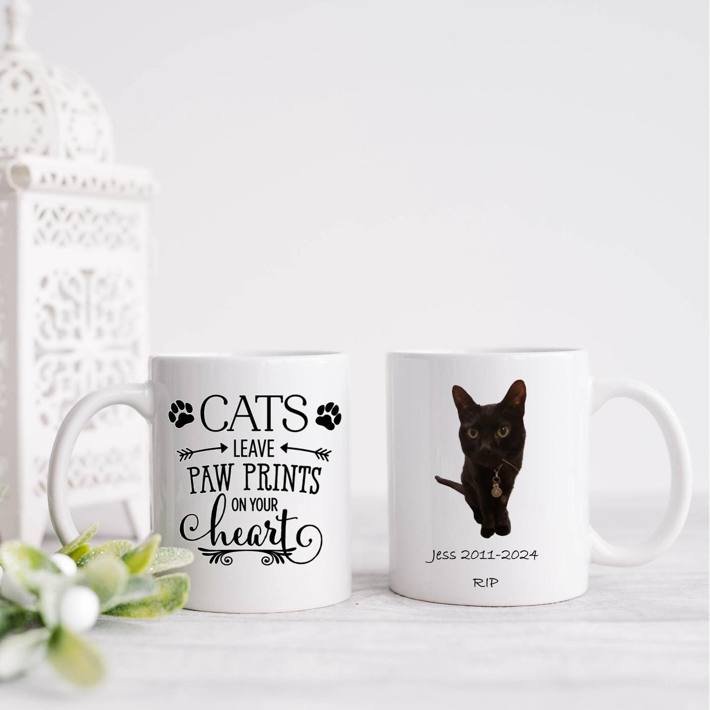 Personalised cat memorial photo mug, Cats leave pawprints on your heart memorial mug with photo and text