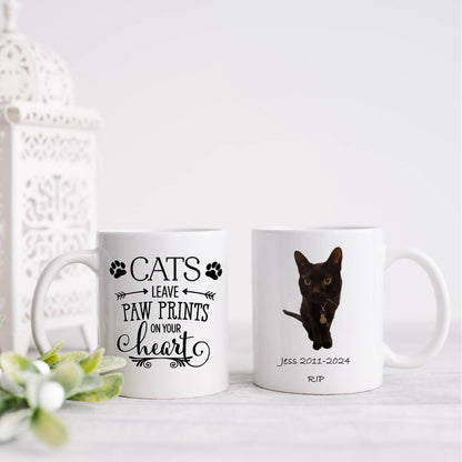Personalised cat memorial photo mug, Cats leave pawprints on your heart memorial mug with photo and text