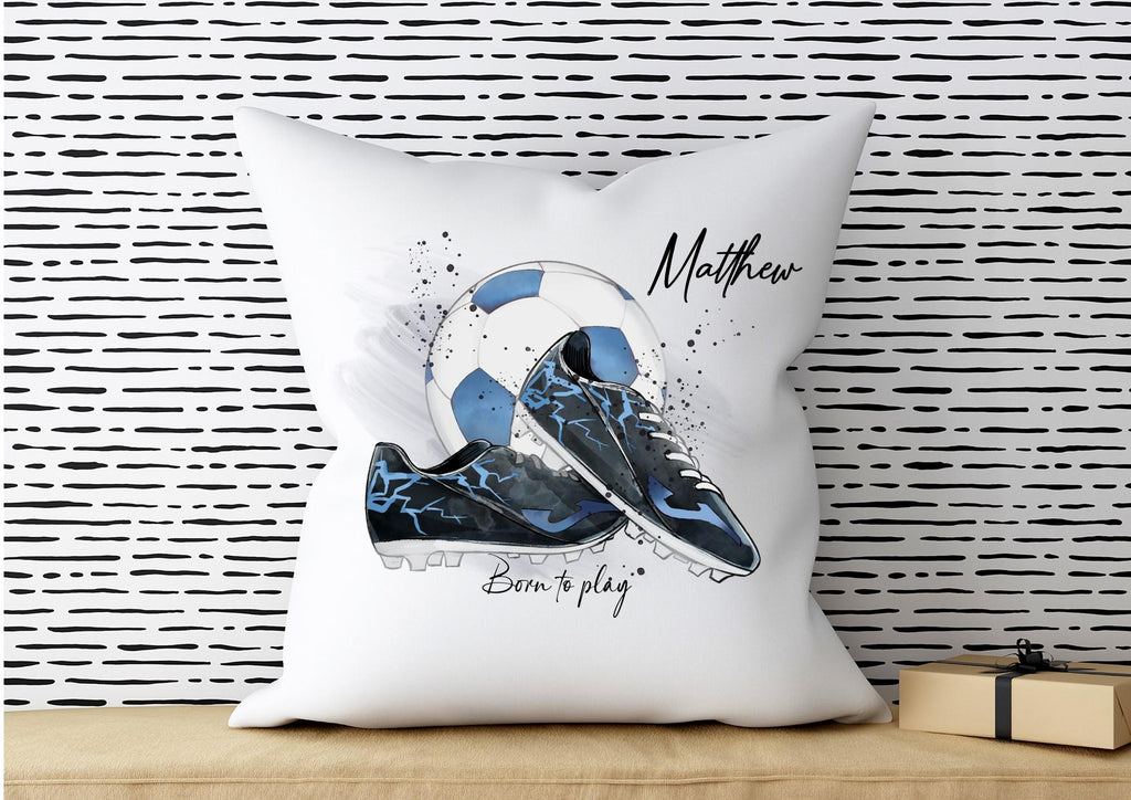 Personalised blue Football Cushion, gift for footballer, football bedroom decor, boys bedroom gifts