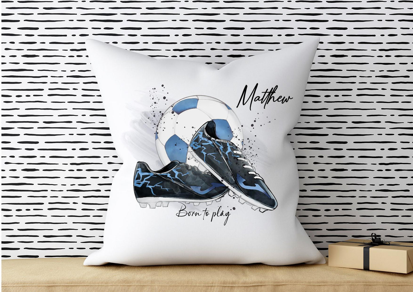 Personalised blue Football Cushion, gift for footballer, football bedroom decor, boys bedroom gifts
