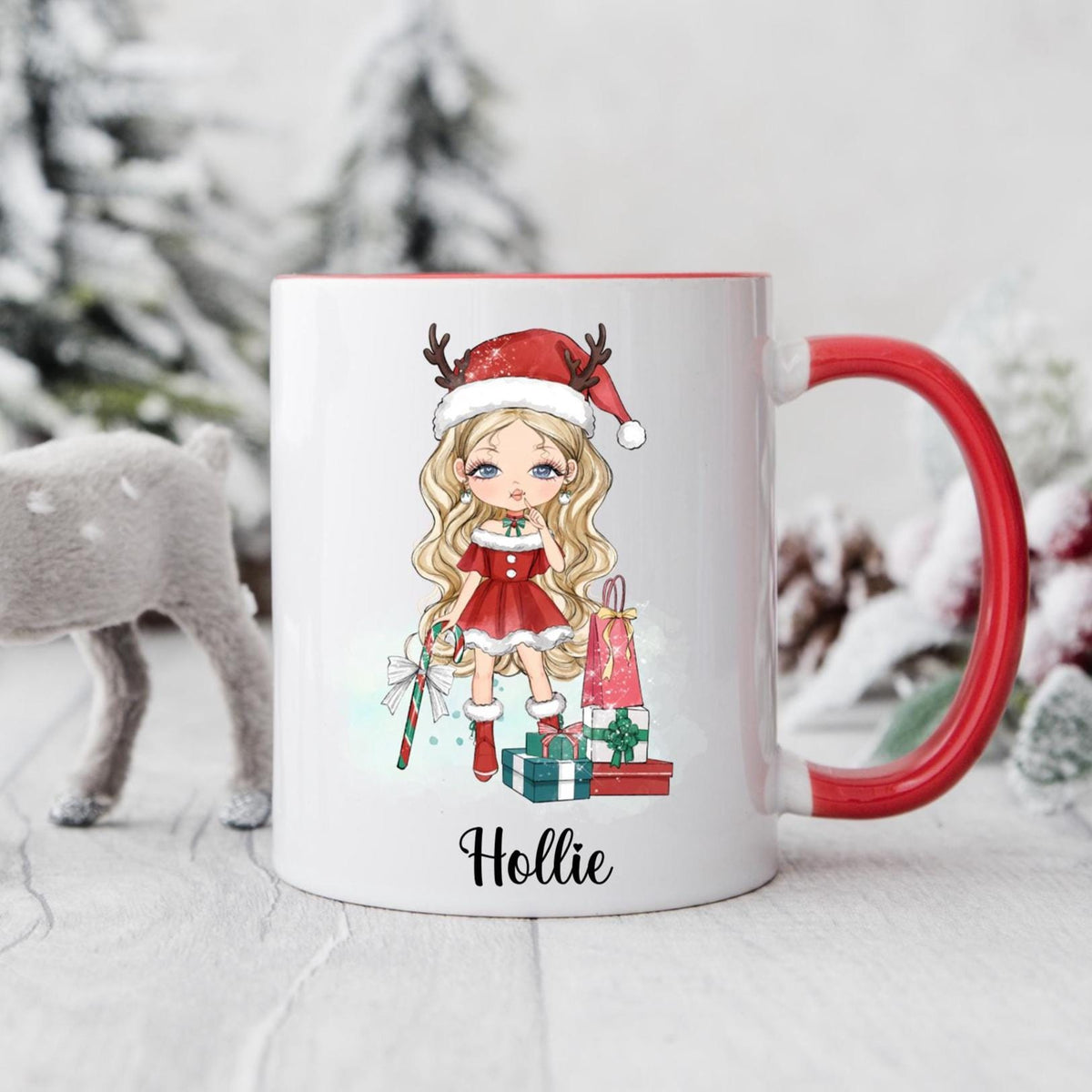 Personalised Christmas doll Mug: Custom Girl Character, Stocking Filler