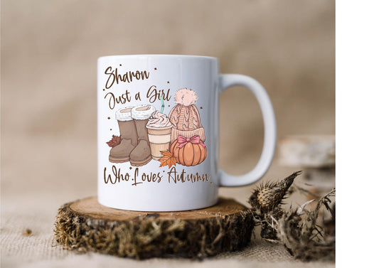 Personalised Just a Girl Who Loves Autumn Mug, Custom Fall Coffee Cup, Pumpkin Spice Latte Gift for Autumn Lovers