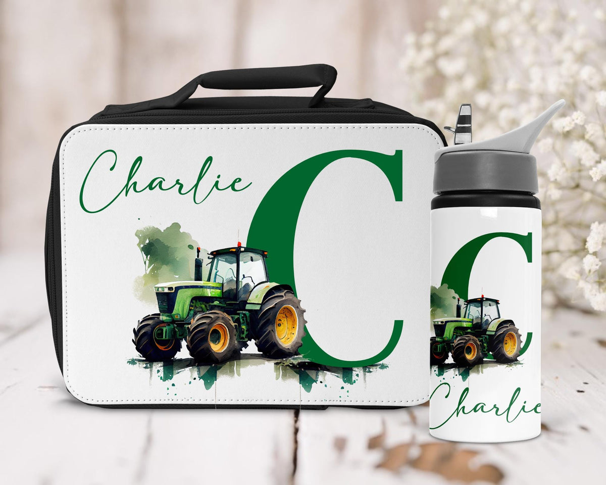 Personalised Tractor Lunch Bag & Water Bottle Set | Custom Name Boys School Lunch Box Gift | Farm Tractor Gift for Kids