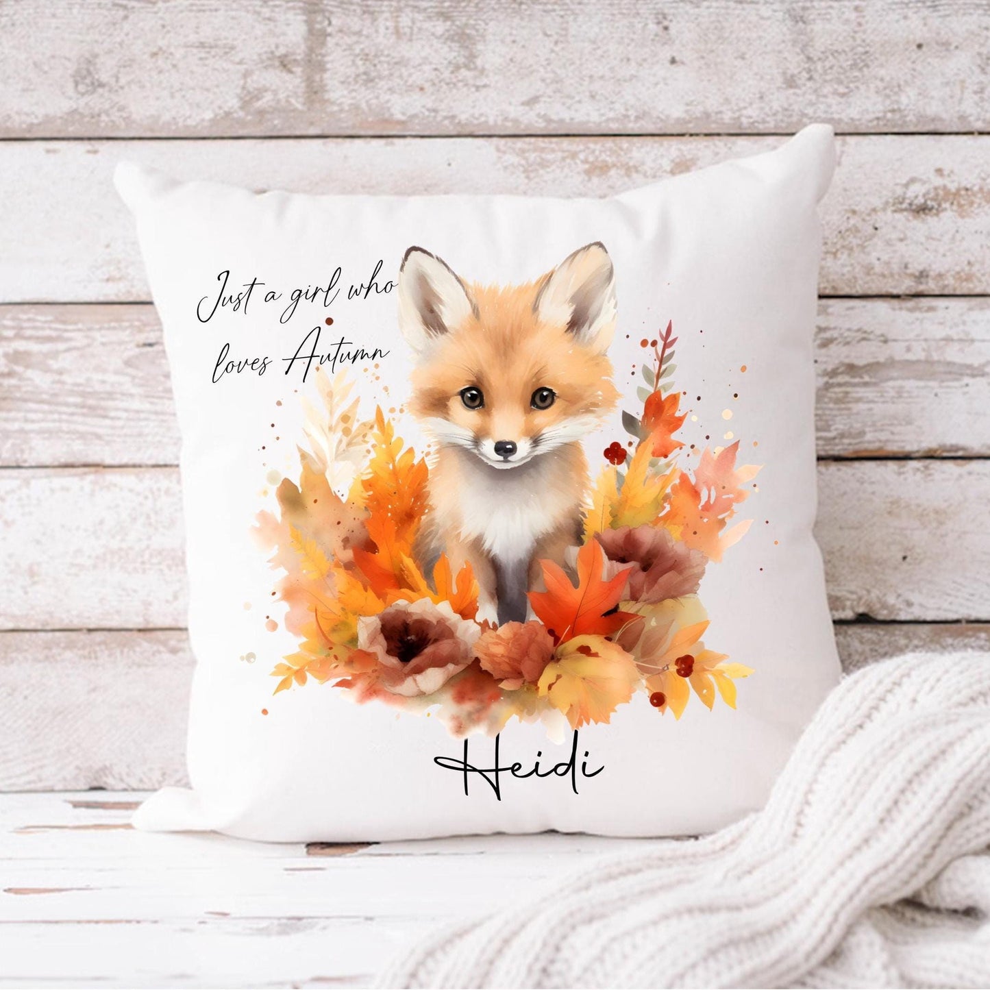 Personalised Autumn Fox Cushion, fox cushion, cute fox, Custom Name Throw Pillow, Woodland Animal Decor Gift