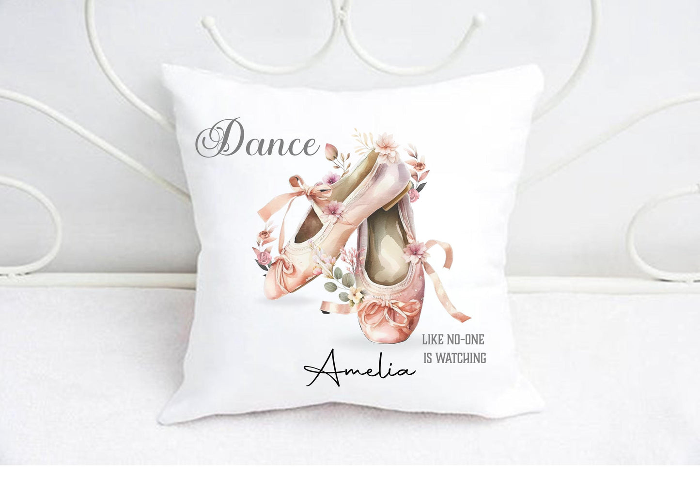 Personalised Ballet Slippers Cushion, Floral Dance Pillow with Custom Name, Ballet Gift for Dancers, Dance Like No One’s Watching Quote