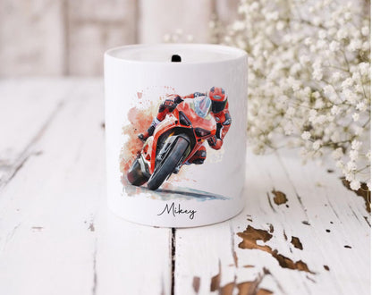 Personalised Motorbike Money Box, Custom Superbike Gift, Biker Savings Bank, Boys Motorbike Birthday Gift - choose your bike colour