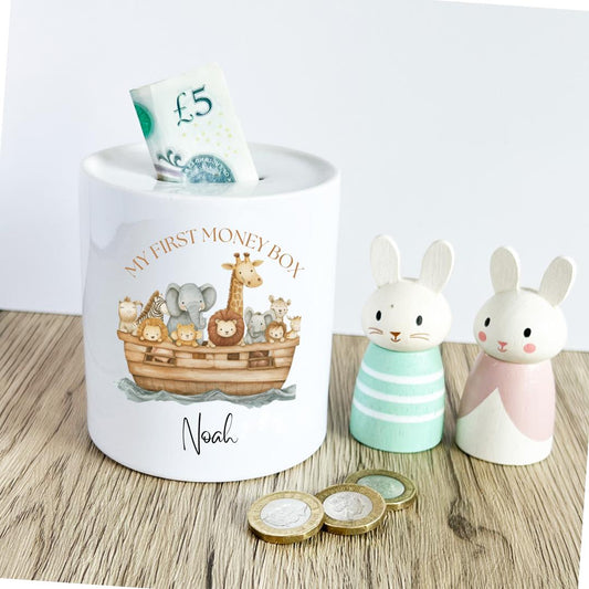 Personalised Noah's Ark Money Box,Personalised Money Box, Christening gift for baby boy,  Baby Keepsake, Baby's 1st Money Box