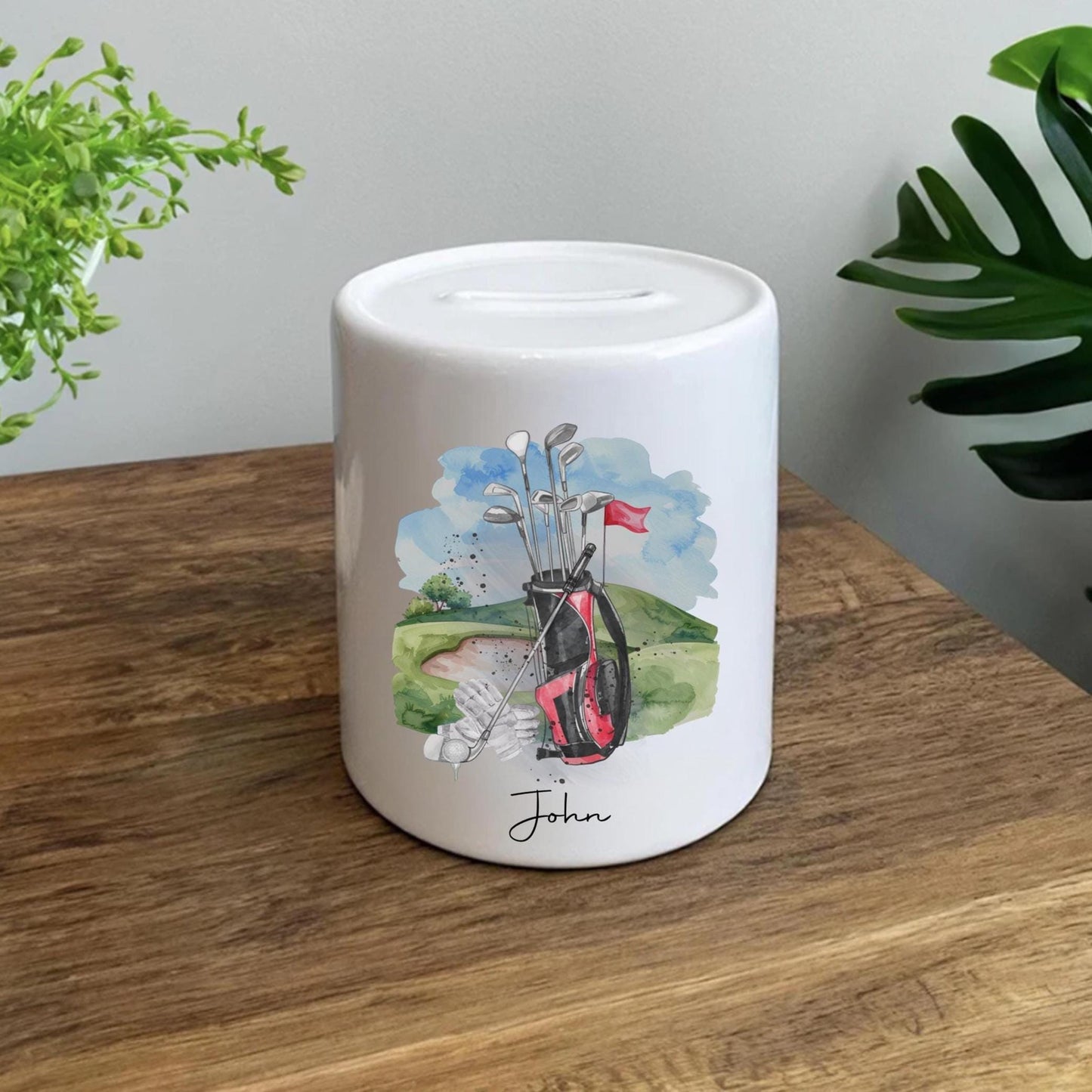 Personalised Golf Fund Money Box, Custom Golf Gift for Him, Ceramic Coin Bank for Golfers, Golfer's Savings Jar