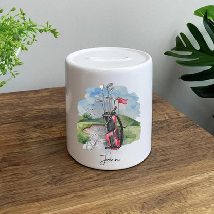 Personalised Golf Fund Money Box, Custom Golf Gift for Him, Ceramic Coin Bank for Golfers, Golfer's Savings Jar