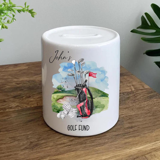 Personalised Golf Fund Money Box, Custom Golf Gift for Him, Ceramic Coin Bank for Golfers, Golfer's Savings Jar
