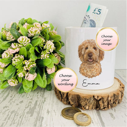 Personalised Goldendoodle/Cockapoo Money Box, Personalised Dog Coin Bank, Custom Dog Gift, Pet Savings Jar, Ceramic Piggy Bank