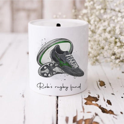Personalised Rugby Money Box: Ceramic Savings Pot, Gift for rugby player - choice of boot colours