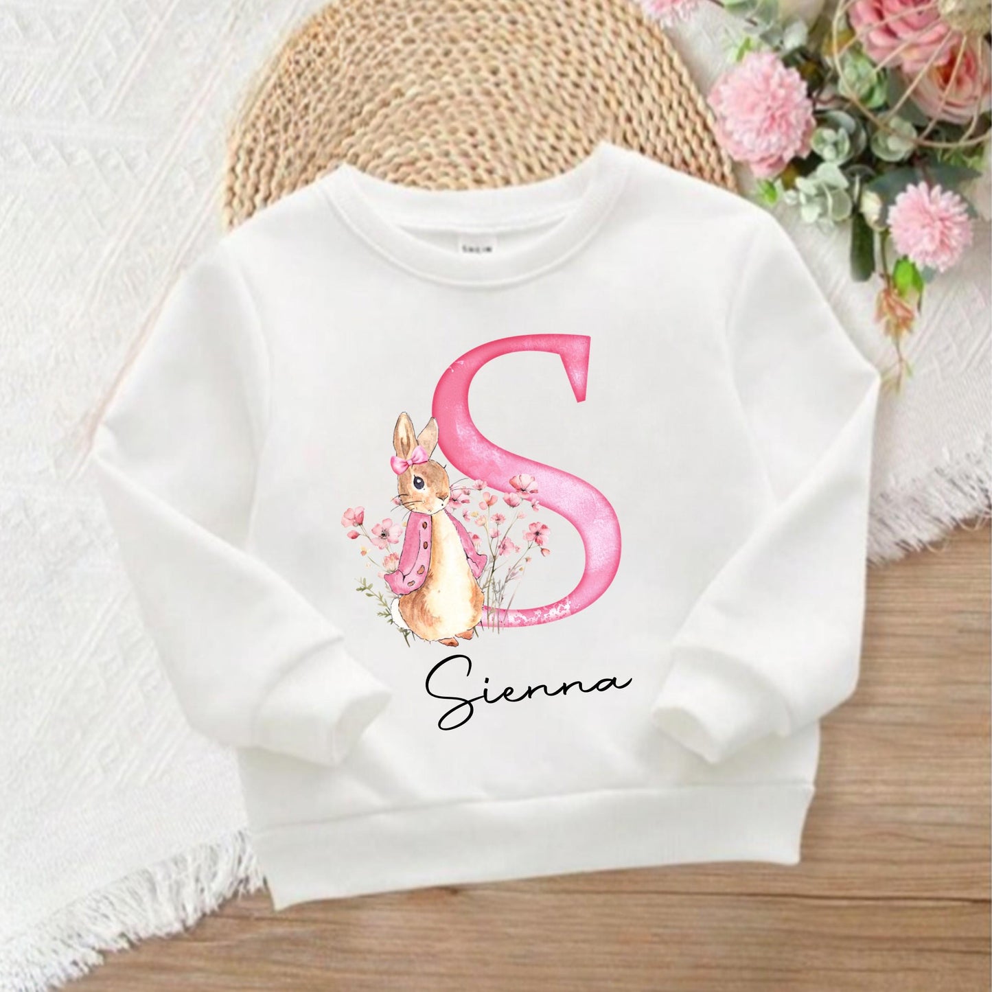 Personalised Girls Sweatshirt – Custom Name & Initial with Bunny Design