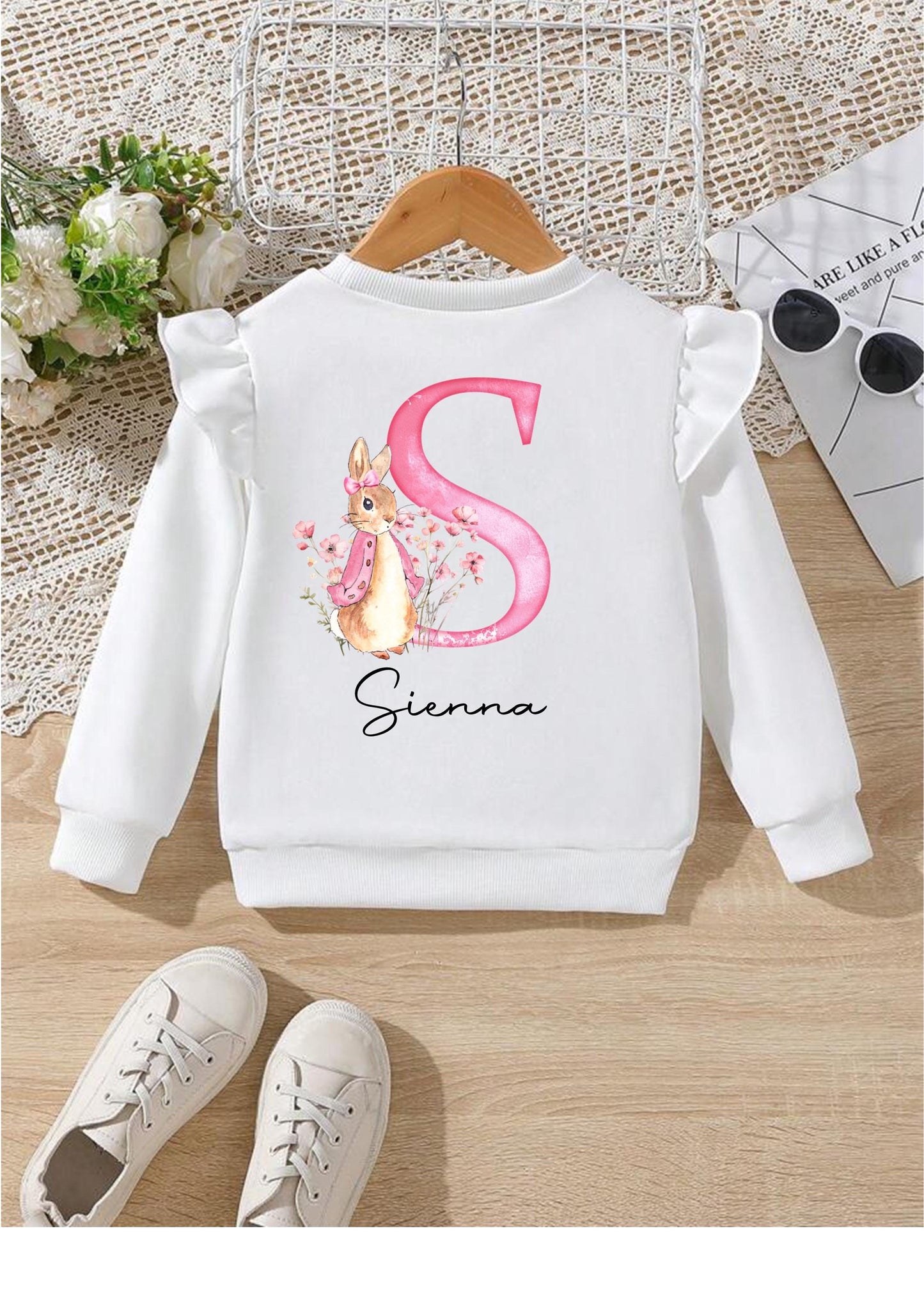Personalised Girls Sweatshirt – Custom Name & Initial with Bunny Design