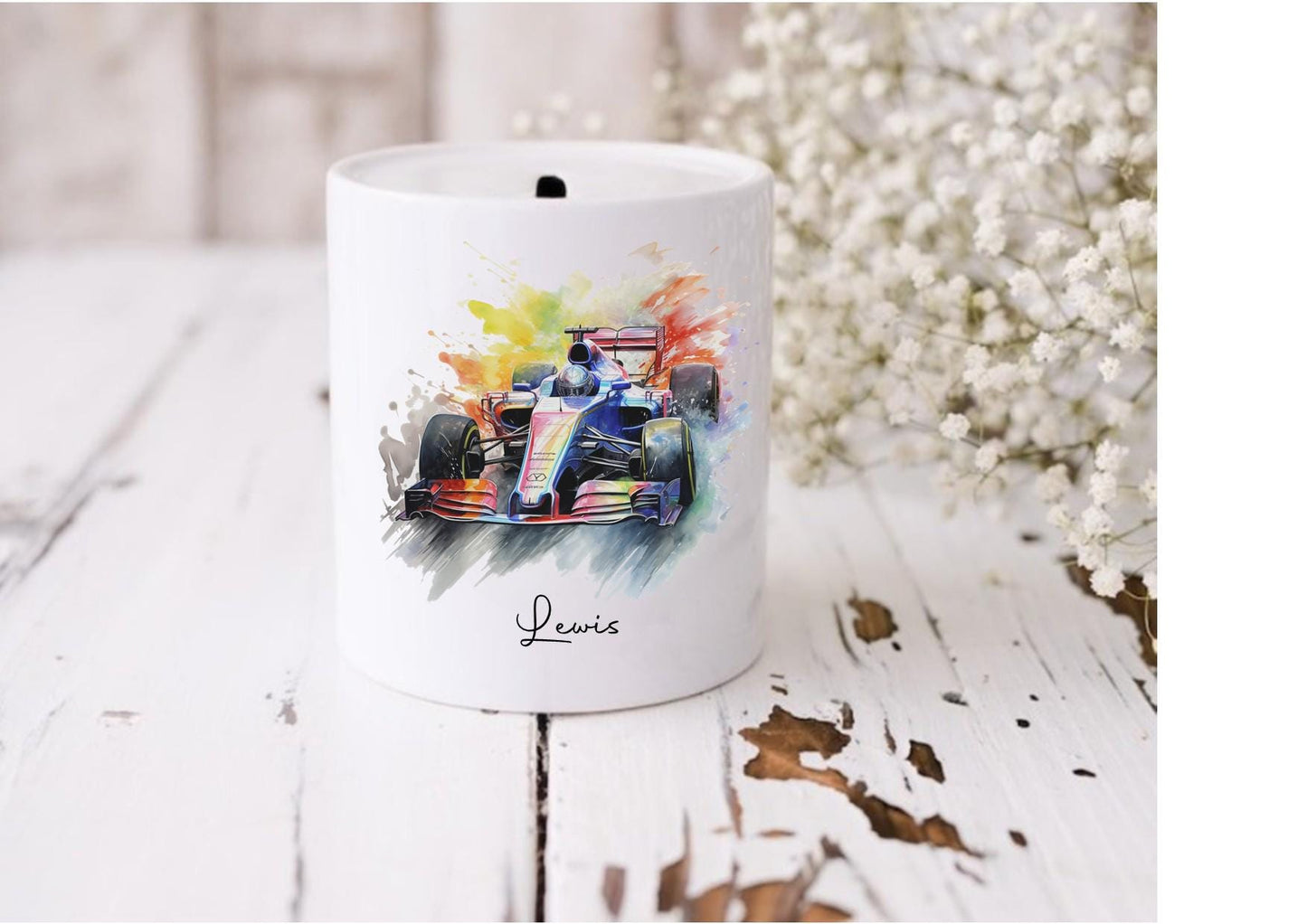 Personalised F1 Racing Car Money Box, Custom Motorsport Gift, Formula One Savings Bank, Boys Racing Car Birthday Gift