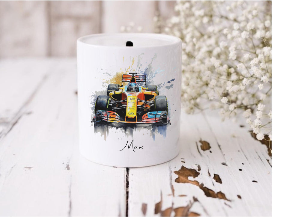 Personalised F1 Racing Car Money Box, Custom Motorsport Gift
