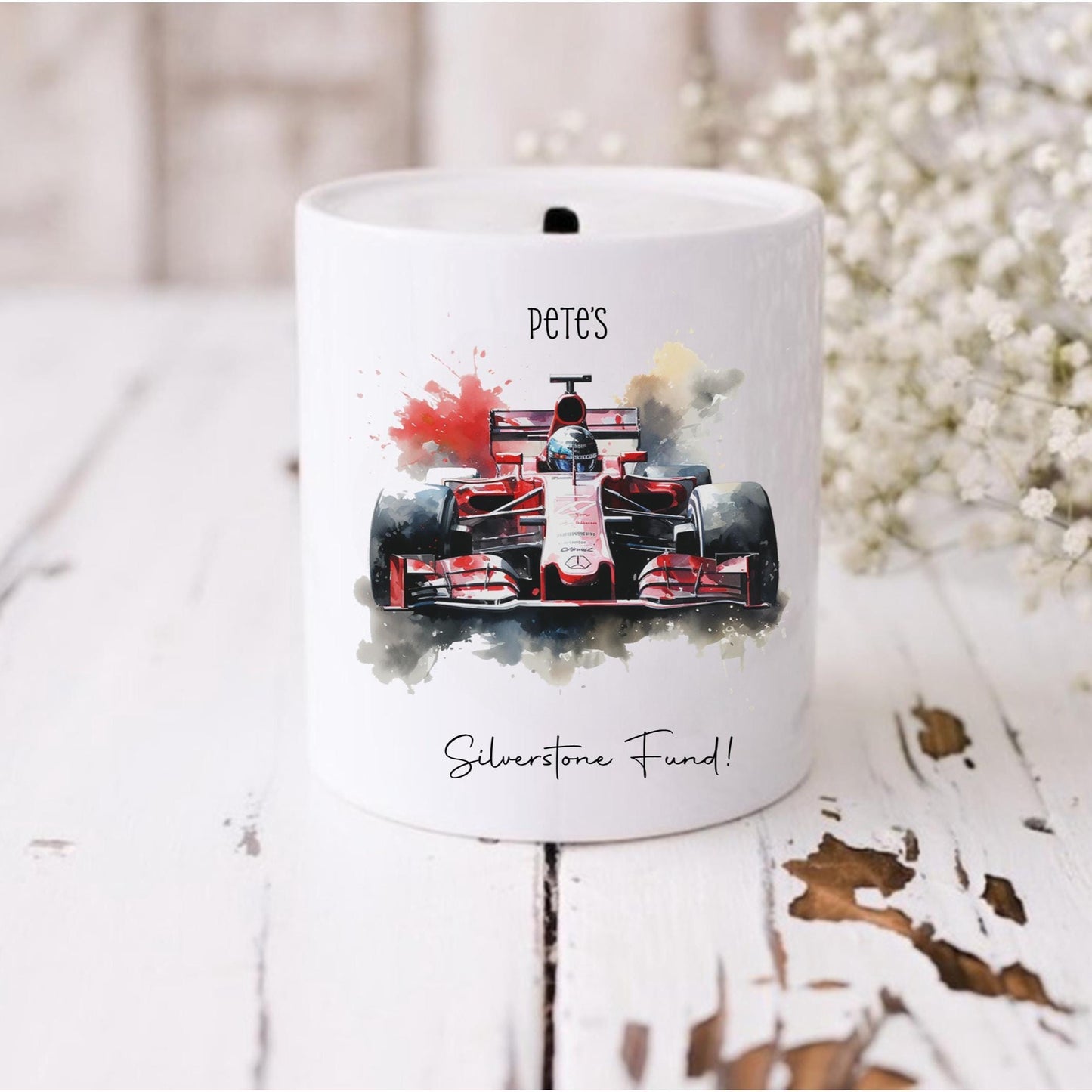 Personalised F1 Racing Car Money Box, Custom Motorsport Gift, Formula One Savings Bank, Boys Racing Car Birthday Gift