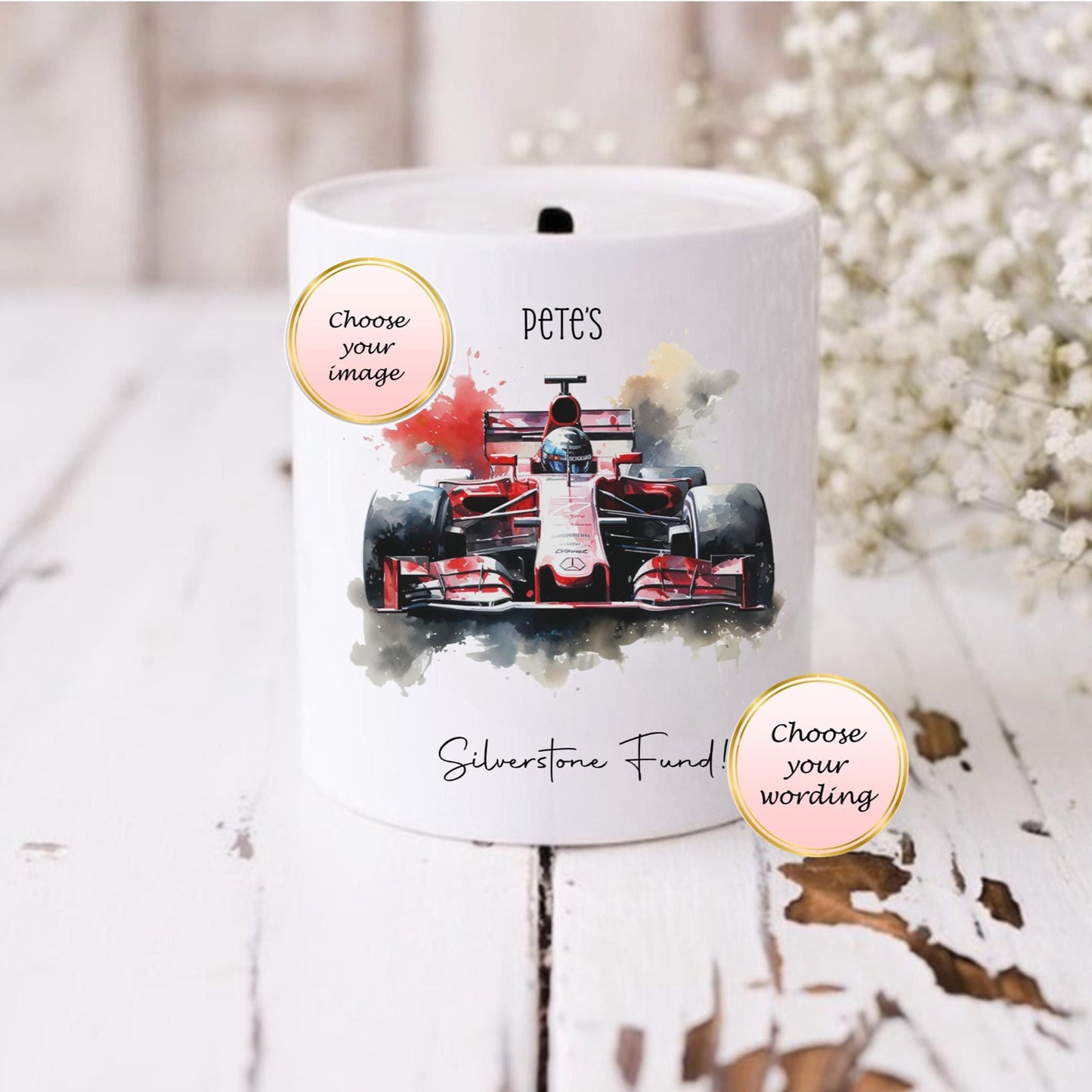 Personalised F1 Racing Car Money Box, Custom Motorsport Gift, Formula One Savings Bank, Boys Racing Car Birthday Gift