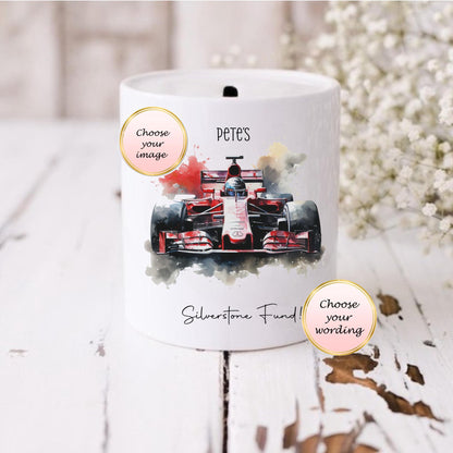 Personalised F1 Racing Car Money Box, Custom Motorsport Gift, Formula One Savings Bank, Boys Racing Car Birthday Gift