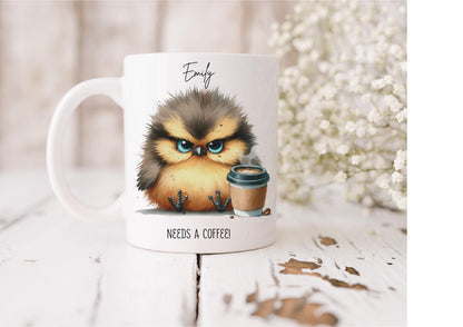 Personalised Cute Bird Mug with Coffee, Watercolour Animal Cup, Funny Bird Lover Gift, Needs Coffee Mug
