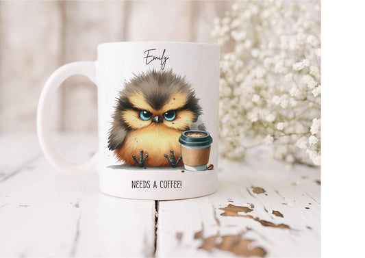 Personalised Cute Bird Mug with Coffee, Watercolour Animal Cup, Funny Bird Lover Gift, Needs Coffee Mug