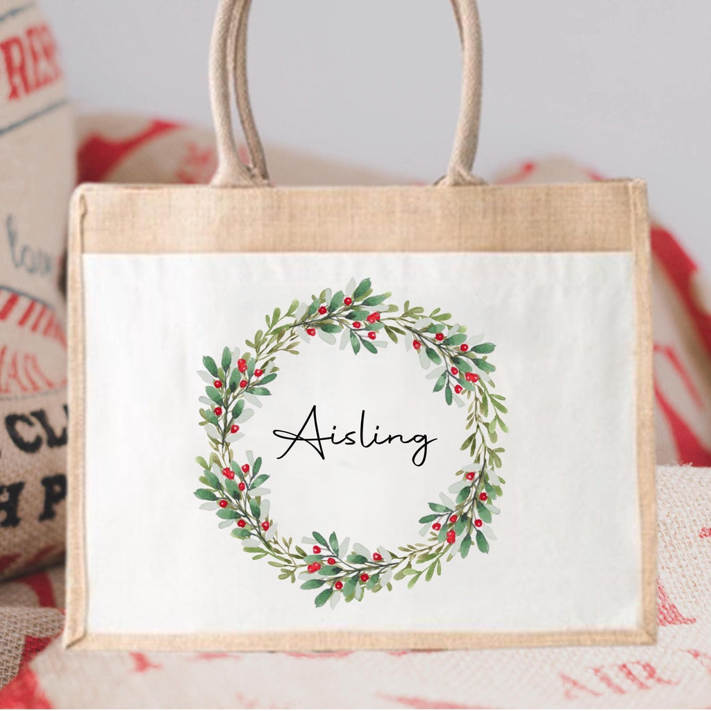 Personalised Christmas wreath Jute shopper bag, Jute tote bag, Pocket Jute Shopper Bag