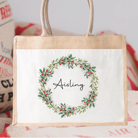 Personalised Christmas wreath Jute shopper bag, Jute tote bag, Pocket Jute Shopper Bag