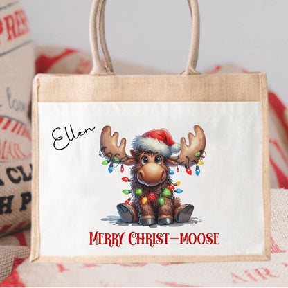 Personalised Christ-moose Jute shopper bag, Jute tote bag, Pocket Jute Shopper Bag