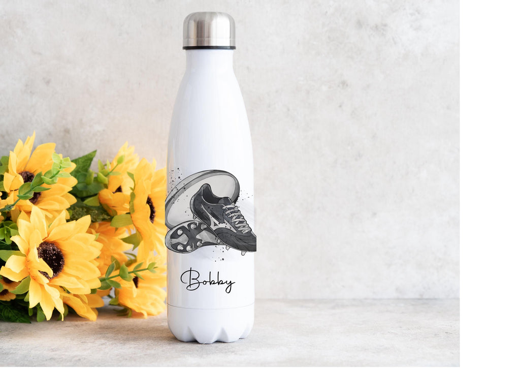 Personalised rugby water bottle, rugby boots design bottle, rugby gift, flask for rugby